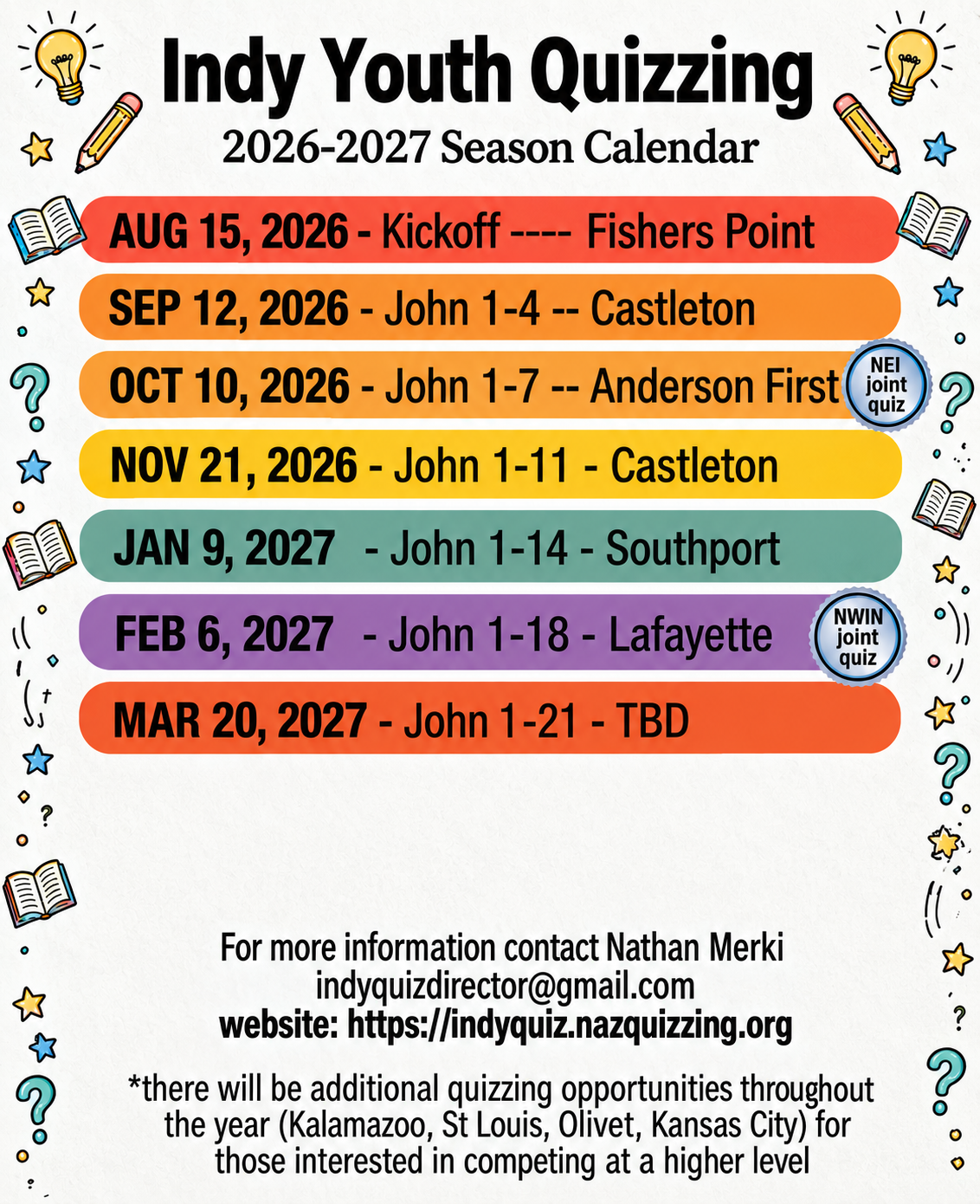 2026-27 Indy Youth Quizzing Schedule
